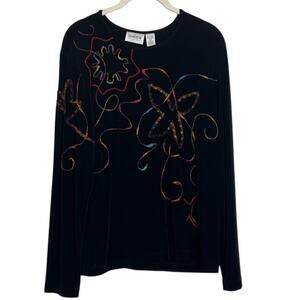 Chicos Travelers Womens Embroidered Slinky Knit Top Size 2 Black